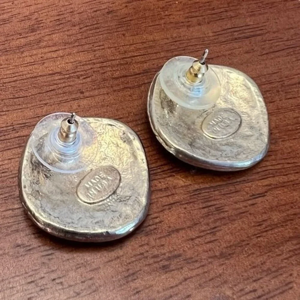 90s Vintage Button Earrings Oversized Artsy Blue Silver Swirl Studs